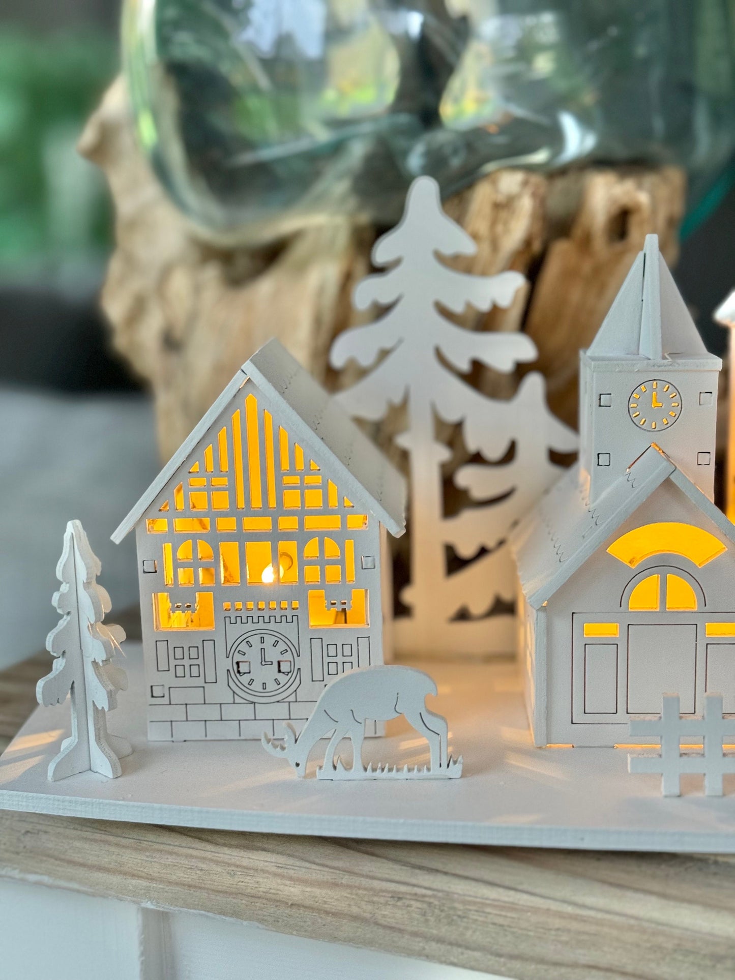 Light Up White Wooden Christmas Village Scene