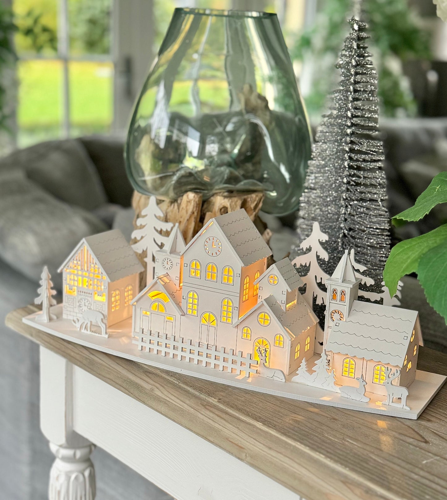 Light Up White Wooden Christmas Village Scene