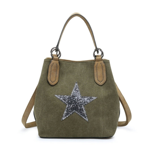 Khaki Canvas Sequin Star Handbag