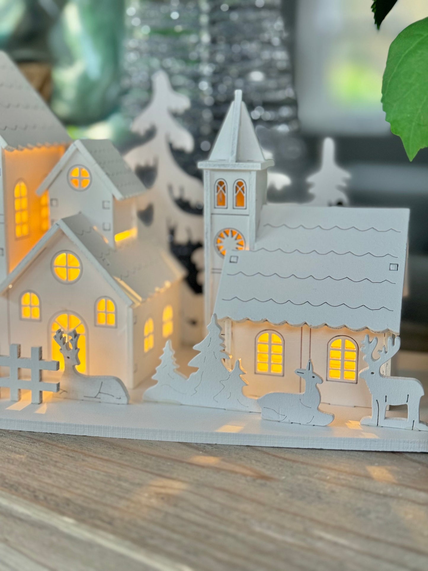 Light Up White Wooden Christmas Village Scene