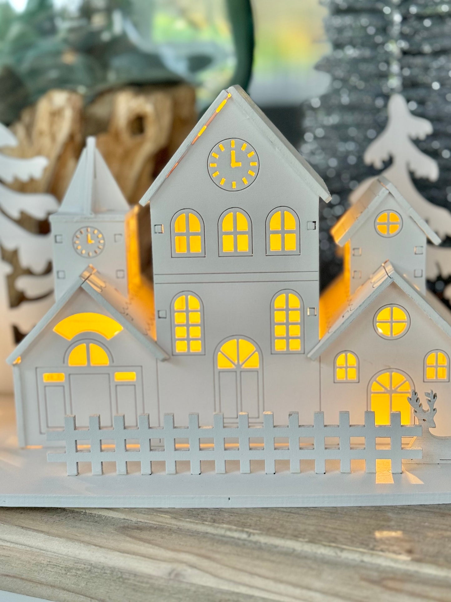 Light Up White Wooden Christmas Village Scene