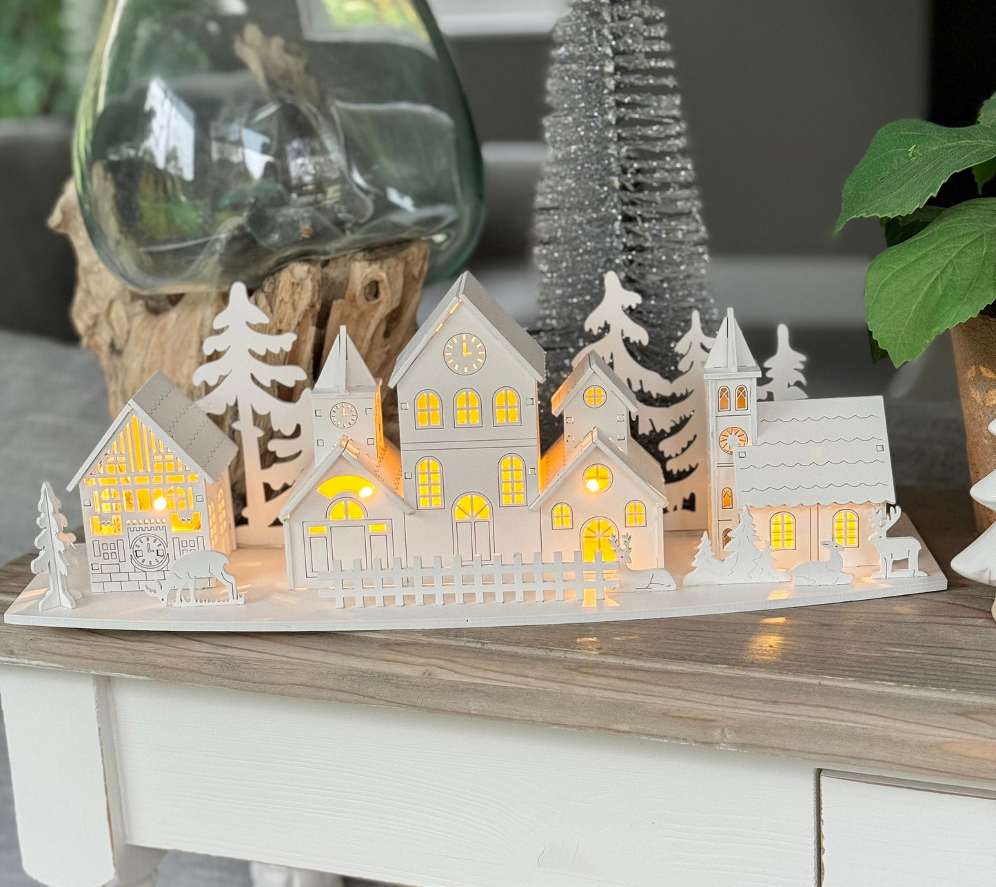 Light Up White Wooden Christmas Village Scene