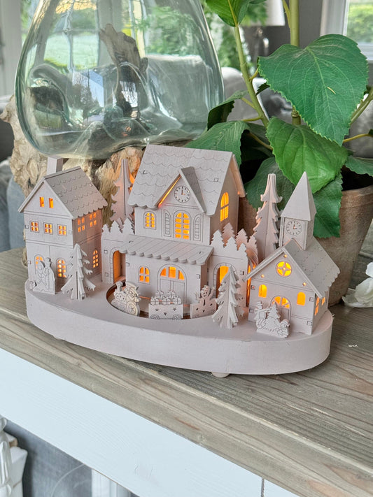 Taupe Wooden Christmas Village Scene With Moving Train And Lights.