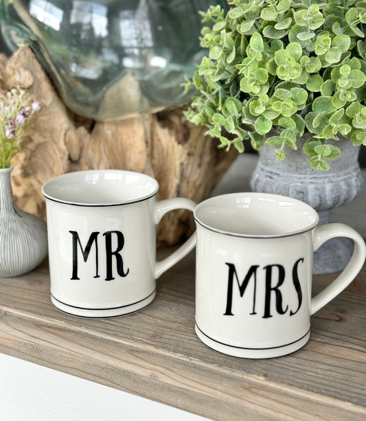 White Mr and Mrs Porcelain Mugs.
